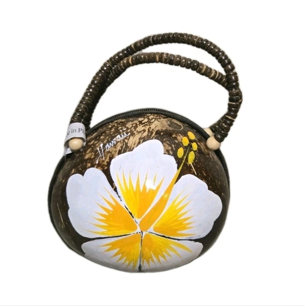 Coconut Shell Hawaiian Hand Painted Purse Yellow Hibiscus Small New